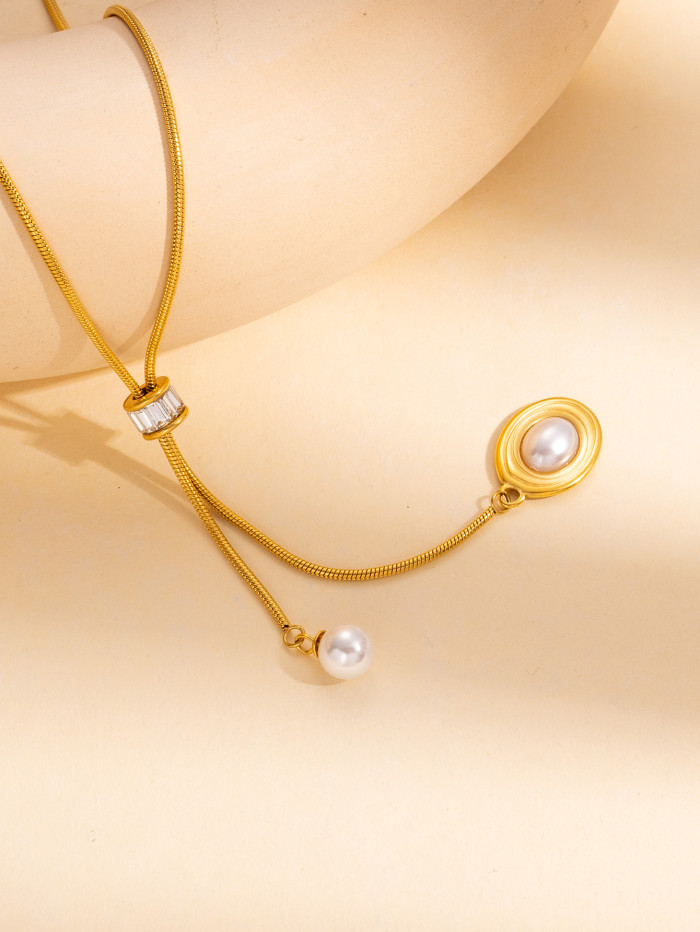 Simple Classic Chic Stylish 18K Gold Plated Stainless Steel Multi-Layer Pearl Tassel Choker Necklace Adjustable Chain