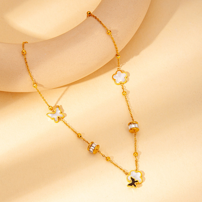 Simple Classic Chic Stylish 18K Gold Plated Stainless Steel Shell Butterfly Flower Choker Necklace Adjustable Chain
