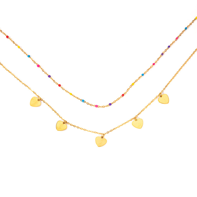 Simple Classic Chic Stylish Hypoallergenic 18K Gold Plated Stainless Steel Multi-Layer Color Beaded Love Heart Choker Necklace