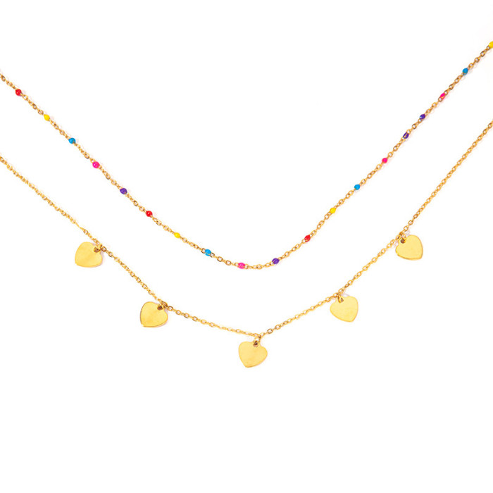 Simple Classic Chic Stylish Hypoallergenic 18K Gold Plated Stainless Steel Multi-Layer Color Beaded Love Heart Choker...