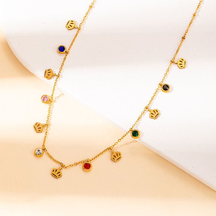Classic Chic Stainless Steel Zircon Crown Cross Necklace Adjustable Chian Holiday Party Casual Jewelry Gift