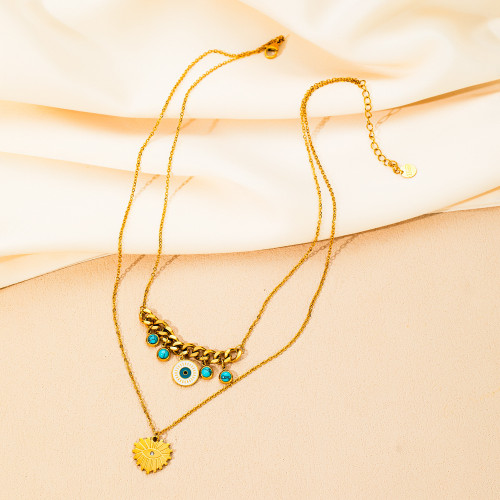 Simple Classic Chic Stylish 18K Gold Plated Stainless Steel Multi-Layer Turquoise Geometric Choker Necklace Adjustable Chain