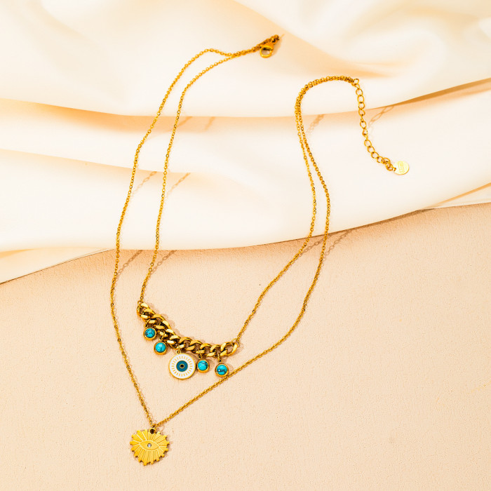 Simple Classic Chic Stylish 18K Gold Plated Stainless Steel Multi-Layer Turquoise Geometric Choker Necklace Adjustable Chain