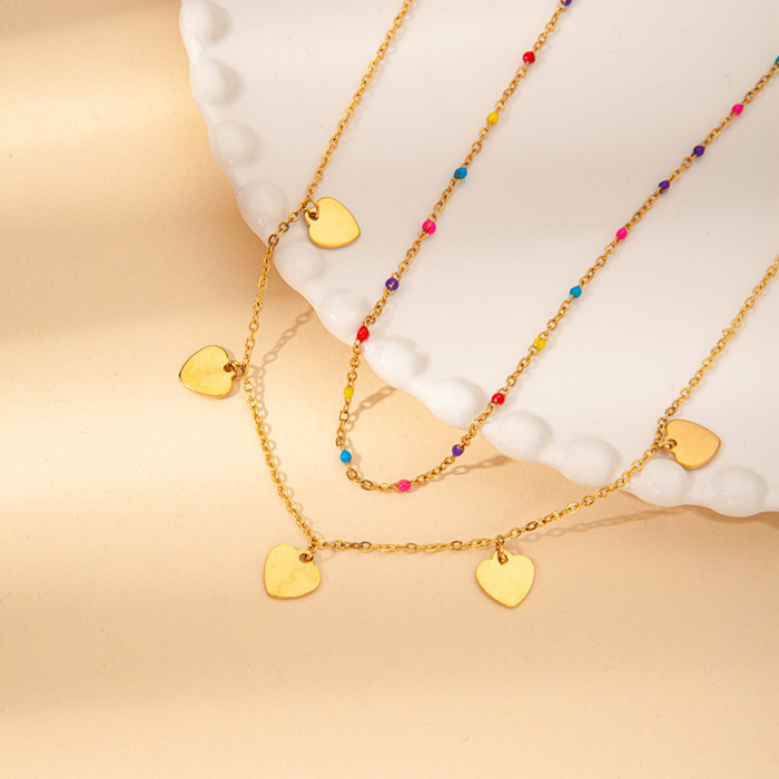 Simple Classic Chic Stylish Hypoallergenic 18K Gold Plated Stainless Steel Multi-Layer Color Beaded Love Heart Choker...