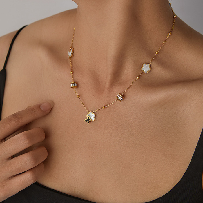 Simple Classic Chic Stylish 18K Gold Plated Stainless Steel Shell Butterfly Flower Choker Necklace Adjustable Chain