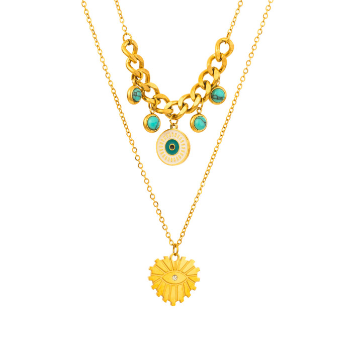 Simple Classic Chic Stylish 18K Gold Plated Stainless Steel Multi-Layer Turquoise Geometric Choker Necklace Adjustable Chain