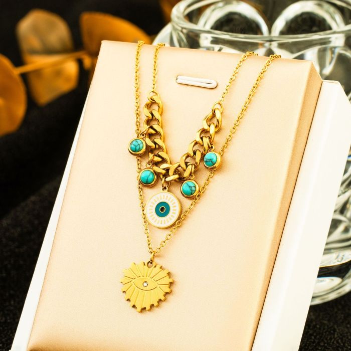 Simple Classic Chic Stylish 18K Gold Plated Stainless Steel Multi-Layer Turquoise Geometric Choker Necklace Adjustable Chain