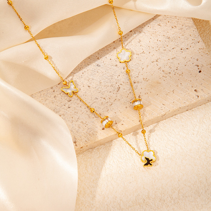 Simple Classic Chic Stylish 18K Gold Plated Stainless Steel Shell Butterfly Flower Choker Necklace Adjustable Chain