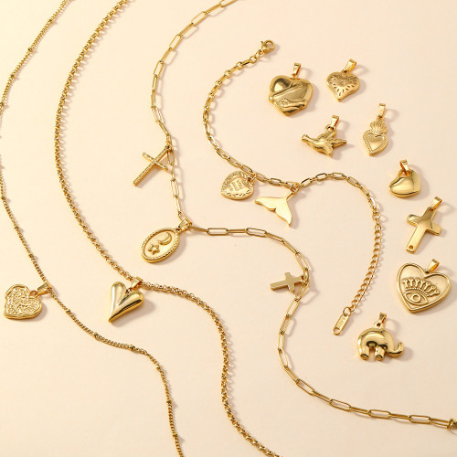 Versatile 18K Gold Plated Stainless Steel Cross Fishtail Love Star Moon Bracelet Necklace Pendant DIY Accessories