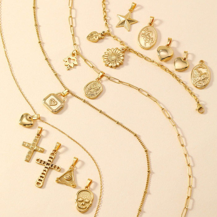 Versatile 18K Gold Plated Stainless Steel Skull Cross Love Flower Bracelet Necklace DIY Pendant Accessories