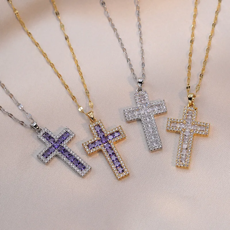 Chic Dainty Elegant 18K Gold Plated Stainless Steel Zircon Cross Necklace for Women Jewelry Gift
