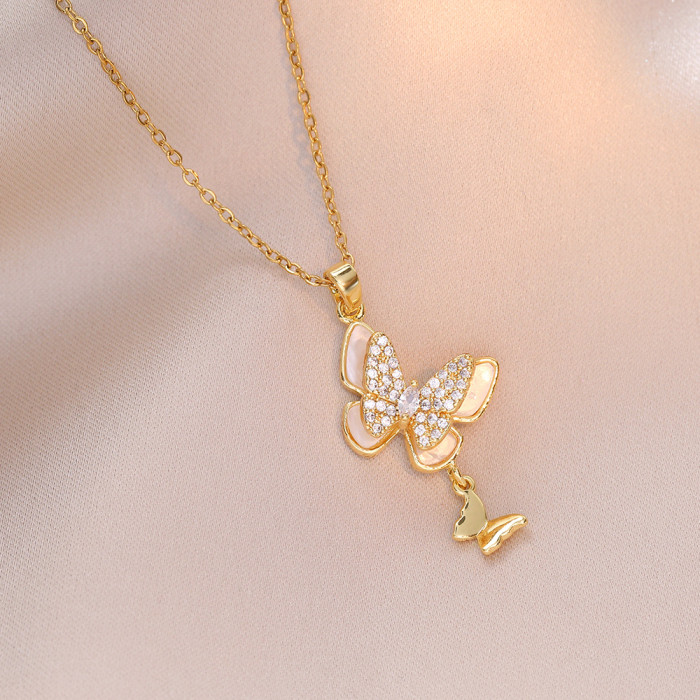 Classic Refined Elegant Women 2pcs Butterfly Zircon Necklace Stainless Steel Trendy Party Festival Casual jewelry Gift