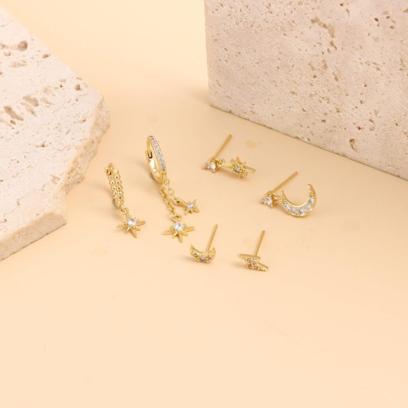 Elegant Cubic Zirconia Chain Stud Earrings for Women Star Moon Cartilage Earring Piercing Jewelry