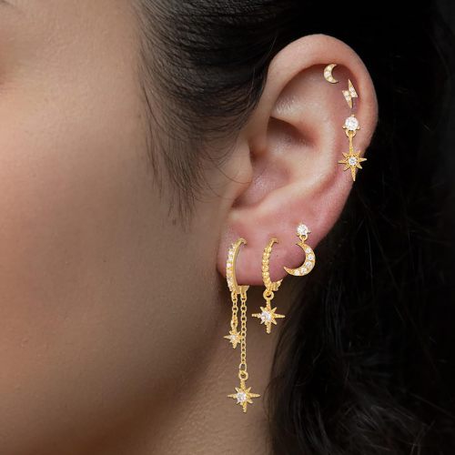 Elegant Cubic Zirconia Chain Stud Earrings for Women Star Moon Cartilage Earring Piercing Jewelry