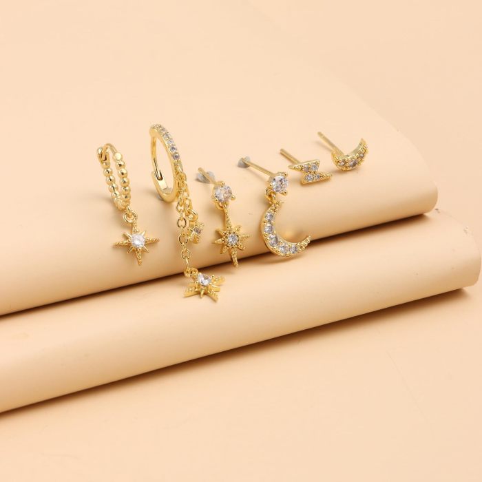 Elegant Cubic Zirconia Chain Stud Earrings for Women Star Moon Cartilage Earring Piercing Jewelry