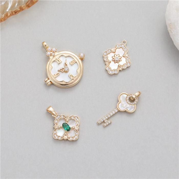 Chic Hypoallergenic Key Four-leaf Clover Clock 14K Gold Plated Bracelet Pendant Handmade DIY Jewelry Accessories