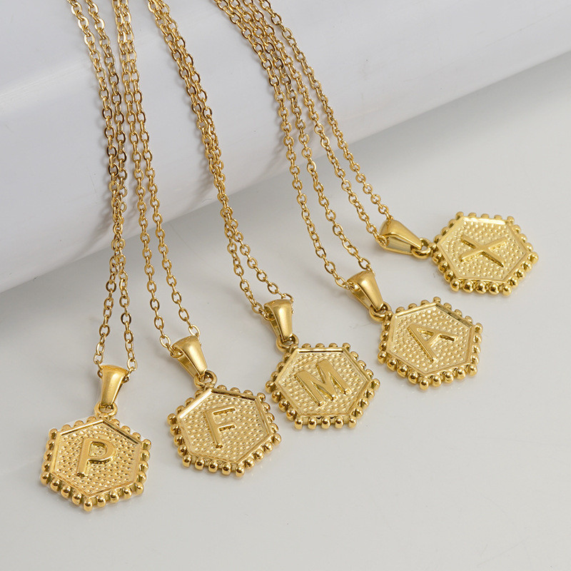 18K Gold Plated Stainless Steel Hexagonal Letter Necklace 26 English Letter Pendant Necklace Trendy Casual Jewelry Gift