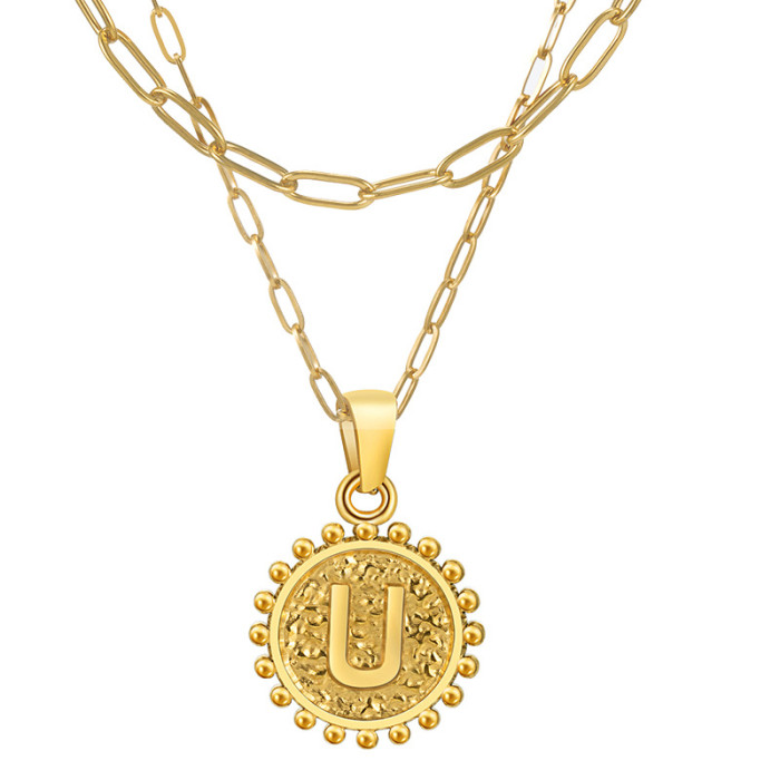 18K Gold Plated Double Paper Clip Chain Stainless Steel Round 26 Letter Pendant Trendy Party Festival Casual Jewelry Gift