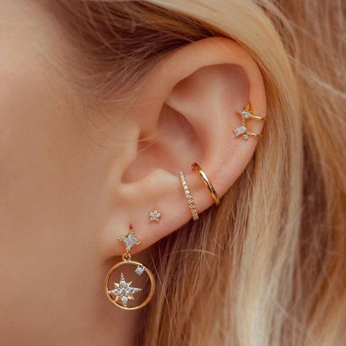 6pcs/set Classic CZ Zirconia Round Cicrcle Huggies Piercing Earrings Set Trendy Party Festival Casual Jewelry Gift