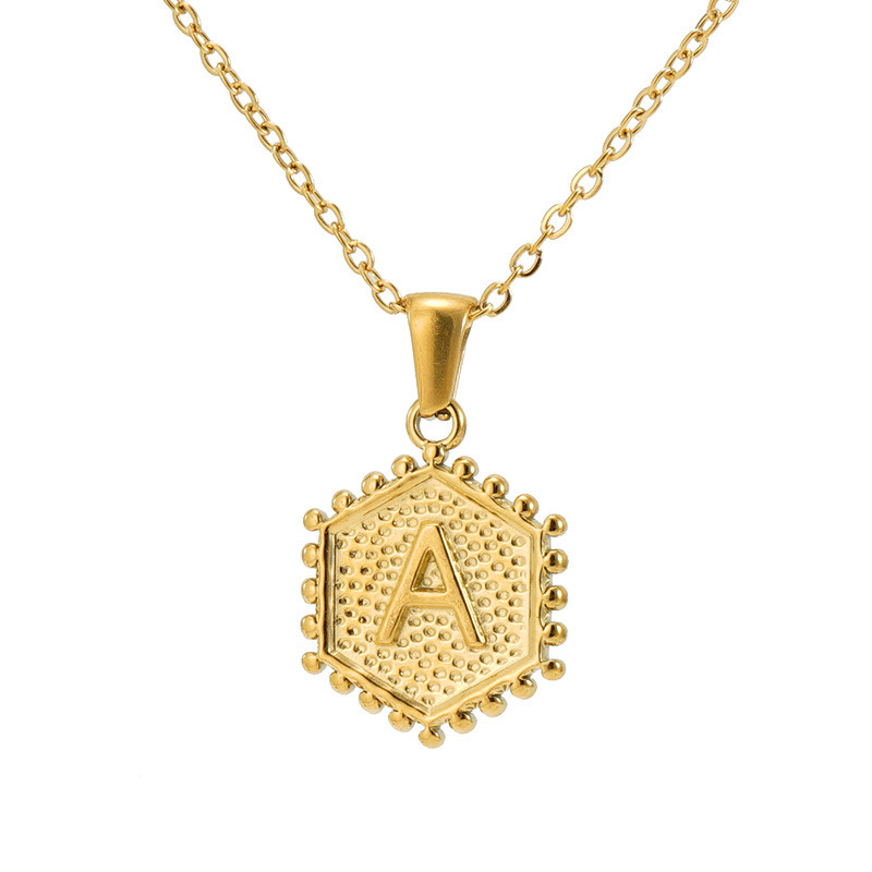 18K Gold Plated Stainless Steel Hexagonal Letter Necklace 26 English Letter Pendant Necklace Trendy Casual Jewelry Gift