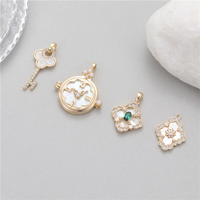 Chic Hypoallergenic Key Four-leaf Clover Clock 14K Gold Plated Bracelet Pendant Handmade DIY Jewelry Accessories