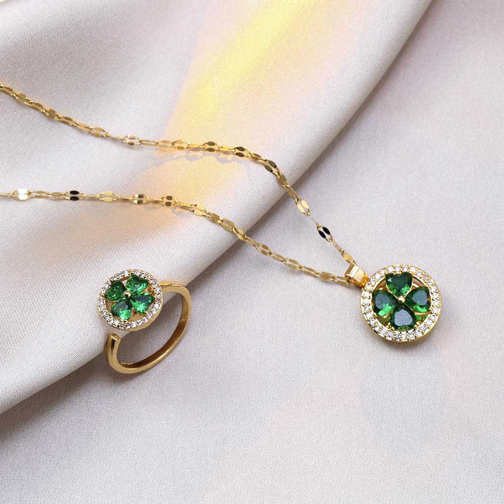 Classic Refined Chic Elegant 18K Gold Stainless Steel Four Leaf Zircon Pendant Necklace Spinner Ring Set 216045368184