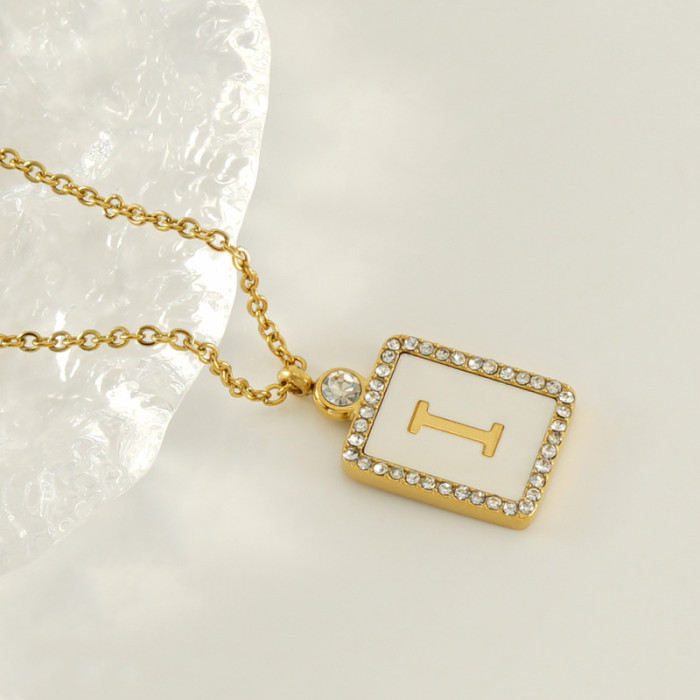 Classic Refined Elegant Women Stainless Steel Square Letter Necklace with Zircon Trendy Casual Jewelry Gift