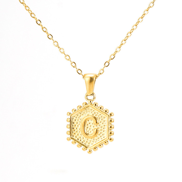 18K Gold Plated Stainless Steel Hexagonal Letter Necklace 26 English Letter Pendant Necklace Trendy Casual Jewelry Gift