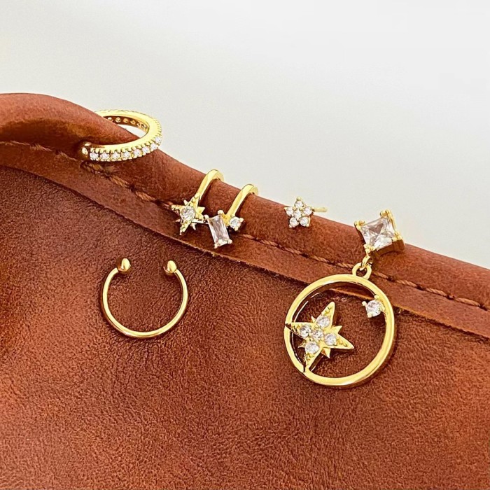 6pcs/set Classic CZ Zirconia Round Cicrcle Huggies Piercing Earrings Set Trendy Party Festival Casual Jewelry Gift