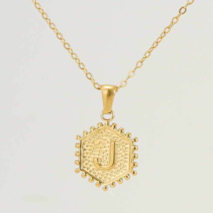 18K Gold Plated Stainless Steel Hexagonal Letter Necklace 26 English Letter Pendant Necklace Trendy Casual Jewelry Gift