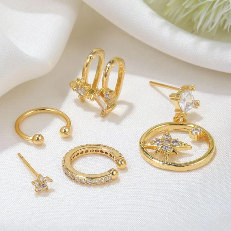 6pcs/set Classic CZ Zirconia Round Cicrcle Huggies Piercing Earrings Set Trendy Party Festival Casual Jewelry Gift