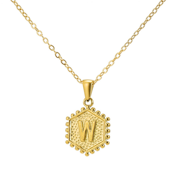 18K Gold Plated Stainless Steel Hexagonal Letter Necklace 26 English Letter Pendant Necklace Trendy Casual Jewelry Gift