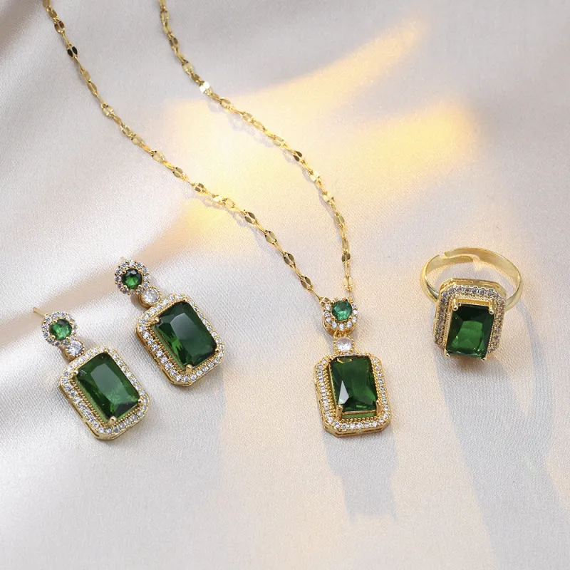 Chic Hypoallergenic Stainless Steel Emerald Zircon Ear Pendant Set Party Festival Trendy Casual Jewelry Gift