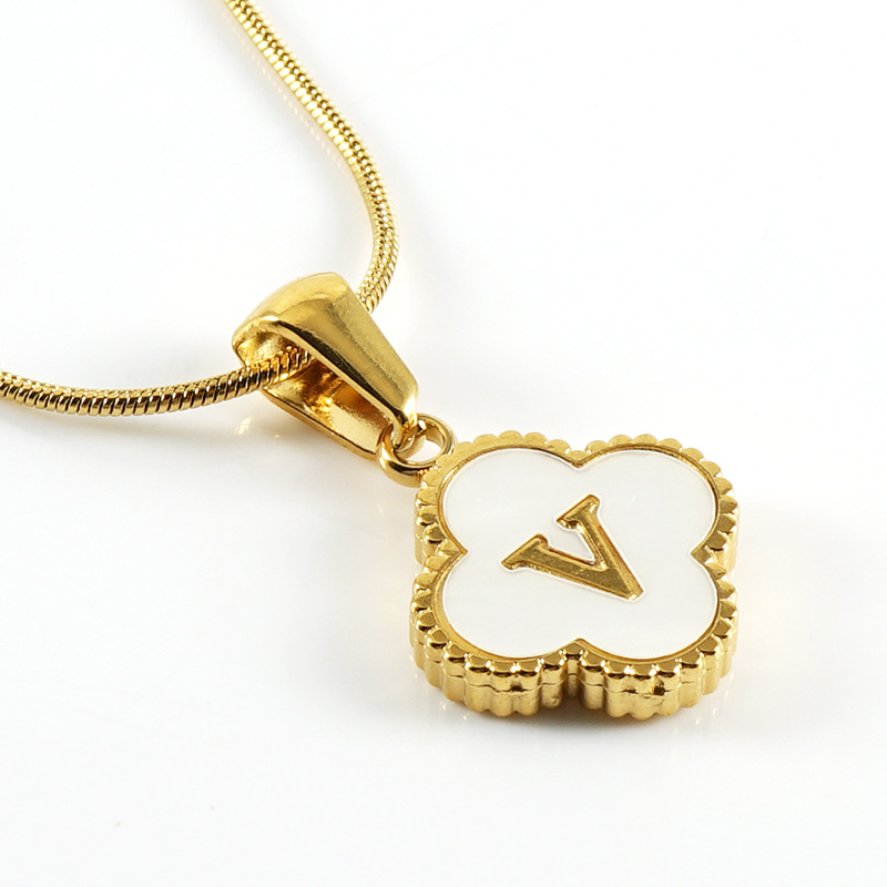 Dainty Elegant 18K Gold Plated Stainless Steel Four Leaf Clover Letter Necklace Trendy Party Festival Casual Jewelry Gift 216045374088
