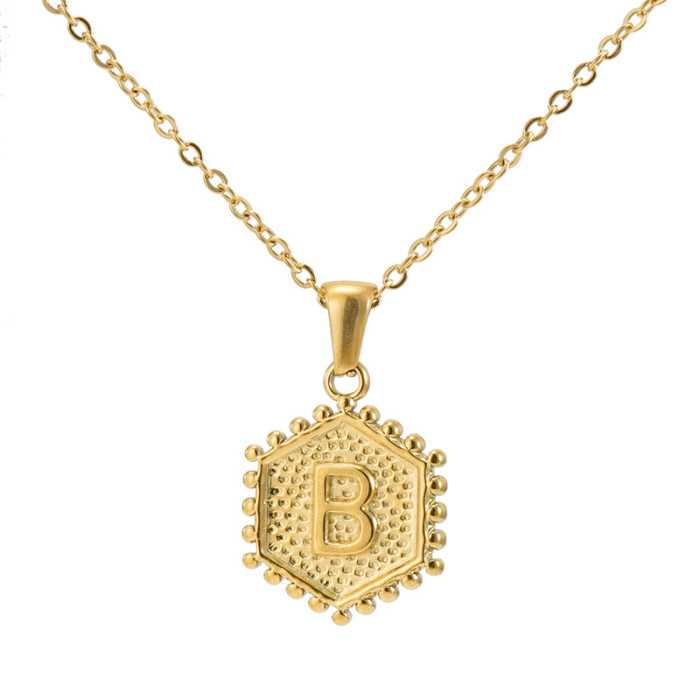 18K Gold Plated Stainless Steel Hexagonal Letter Necklace 26 English Letter Pendant Necklace Trendy Casual Jewelry Gift