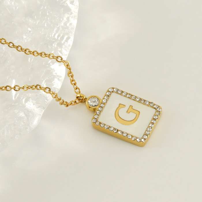 Classic Refined Elegant Women Stainless Steel Square Letter Necklace with Zircon Trendy Casual Jewelry Gift