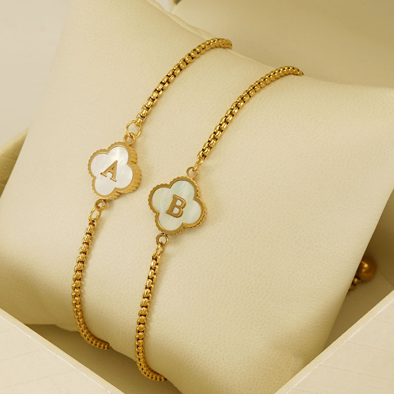 Classic Refined Elegant Women Adjustable Four Leaf Clover Letter Shell Bracelet 216045381837