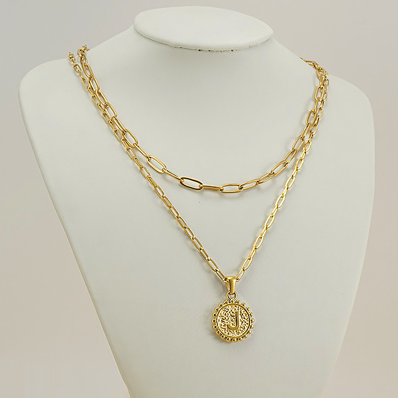 18K Gold Plated Double Paper Clip Chain Stainless Steel Round 26 Letter Pendant Trendy Party Festival Casual Jewelry Gift 216045357483