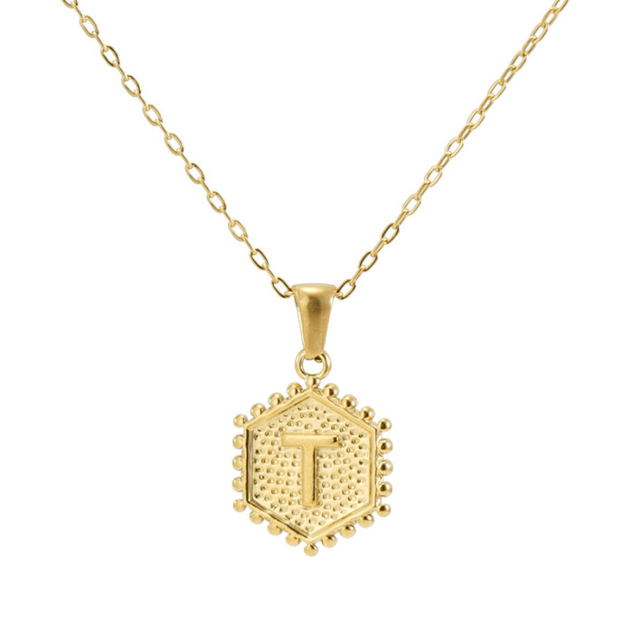 18K Gold Plated Stainless Steel Hexagonal Letter Necklace 26 English Letter Pendant Necklace Trendy Casual Jewelry Gift