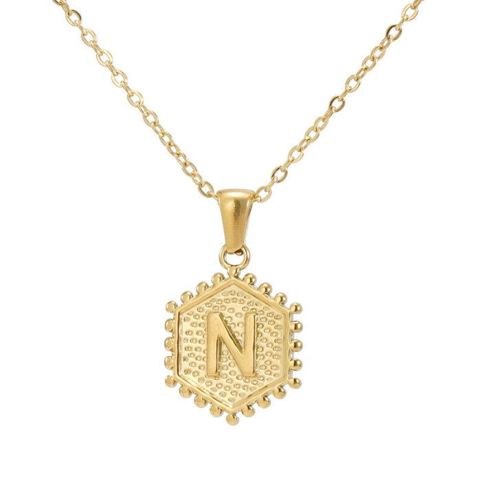 18K Gold Plated Stainless Steel Hexagonal Letter Necklace 26 English Letter Pendant Necklace Trendy Casual Jewelry Gift
