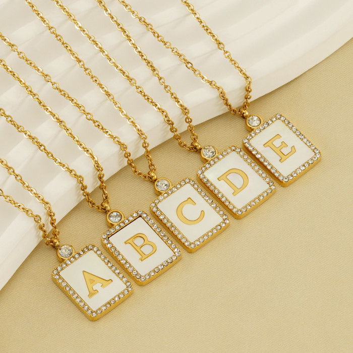 Classic Refined Elegant Women Stainless Steel Square Letter Necklace with Zircon Trendy Casual Jewelry Gift