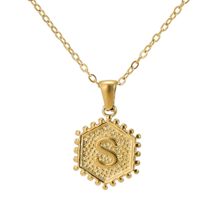 18K Gold Plated Stainless Steel Hexagonal Letter Necklace 26 English Letter Pendant Necklace Trendy Casual Jewelry Gift