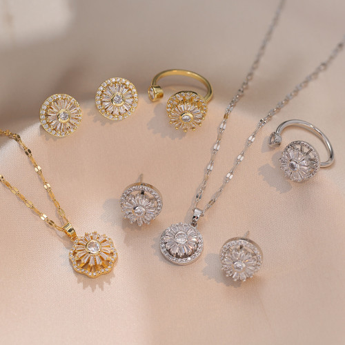 Dainty Elegant Rotatable Pendant Zircon Flower Necklace Earring Ring Set for Women Stylish Trendy Party Jewelry Gift
