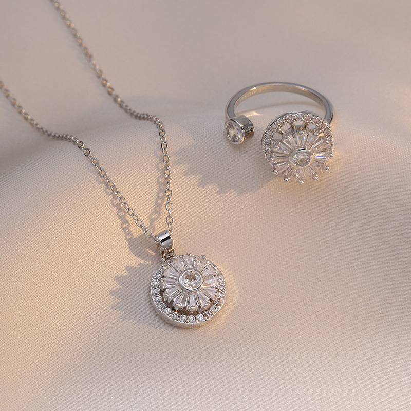 Dainty Elegant Rotatable Pendant Zircon Flower Necklace Earring Ring Set For Women Stylish Trendy Party Jewelry Gift 216045367200