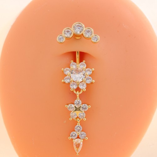 Hypoallergenic Stainless Steel Belly Button Ring Long Dangled Flower CZ Navel Belly Piercing Rings for Women Sexy Jewelry