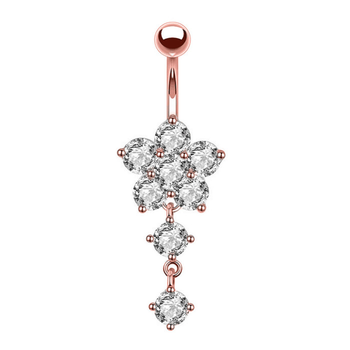 Chic Hypoallergenic Dangled Navel Ring Piercing Flower Heart Crystal Belly Button Ring for Women Casual Jewelry Gift