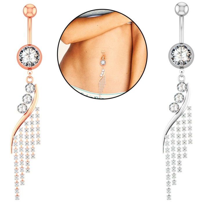 Chic Dangled Belly Navel Piercing Button Ring Stainless Steel CZ Crystal Woman Body Jewelry