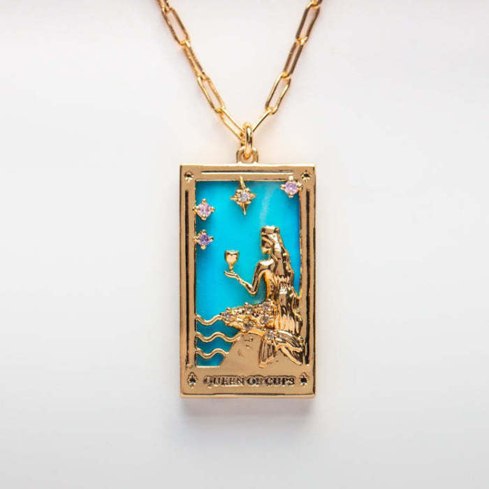 Vintage Tarot Necklace Square Pendant Women Party Festival Casual Jewelry Gift