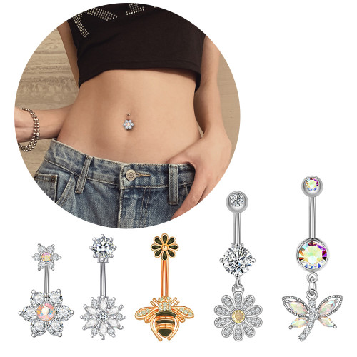 Chic Hypoallergenic Button Rings Belly Piercing Sets Butterfly Bee Flower Navel Piercing for Women Girls Body Jewelry