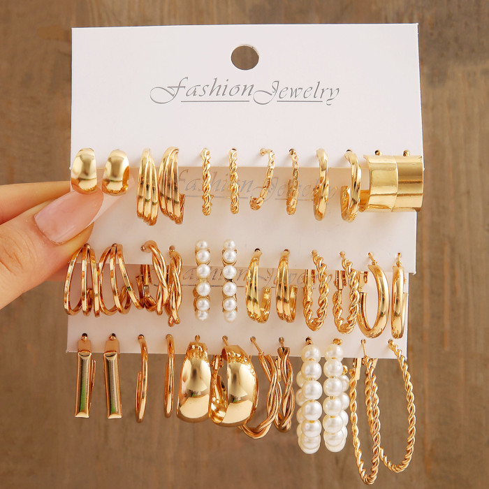 Golden Hoop Earrings Set with Imitation Pearl Decor Sexy Simple Style Alloy Jewelry Delicate Female Gift